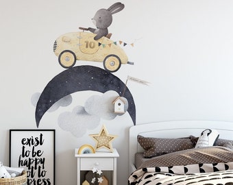 Rabbit / Auto / Car / Moon / Clouds / Wall stickers / Decals / Self-adhesive / Eco-Friendly