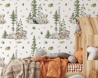 Forest / Woods / Tree / Animals / Wolf / Rabbit / Watercolor / Non-Woven wallpaper / Eco-Friendly