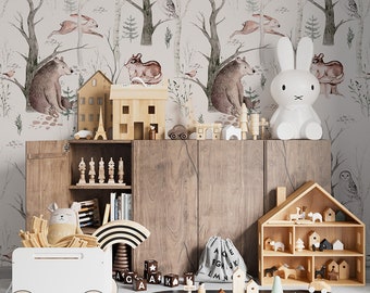 Forest / Woods / Tree / Animals / Bear / Hedgehog / Owl / Bird / Fairy / Non-Woven wallpaper / Eco-Friendly