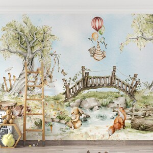 Forest adventure / Balloons / Animals / Fox / Rabbit / Bear / Hedgehog / Tree / Meadow / Lake / Bridge / Non-Woven wallpaper / Eco-Friendly