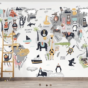 Animaux / Carte du monde / Papier peint intissé / Respectueux de l'environnement
