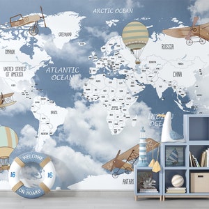 Rétro / Vintage / Avion / Ballon / Carte du monde / Nuages / Ciel / Papier peint intissé / Respectueux de l'environnement