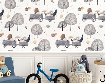 Retro-pursuit / Bear / Trees / Stars / Planets / Moon / Non-Woven wallpaper / Eco-Friendly