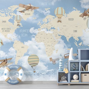 Rétro / Vintage / Avion / Ballon / Carte du monde / Nuages / Ciel / Papier peint intissé / Respectueux de l'environnement