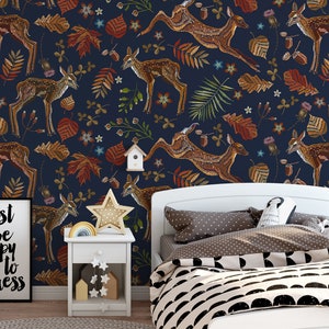 Animal / Forest / Roe / Deer / Leaves / Watercolor / Non-Woven wallpaper / Eco-Friendly