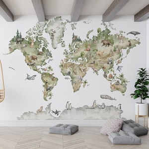 Animaux / Carte du monde / Aquarelle / Papier peint intissé / Respectueux de l'environnement