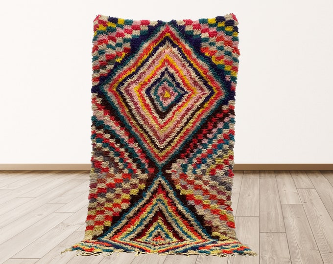 4x7 feet Boucherouite Moroccan vintage shag rugs, Vintage Moroccan Berber runners rug.