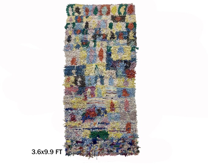 Vintage Boucherouite Unique Moroccan Runner Rug 4x10.