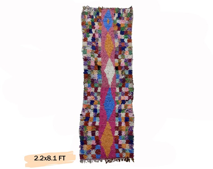 Boucherouite rug, Moroccan Colorful Narrow Runner Rug 2x8.