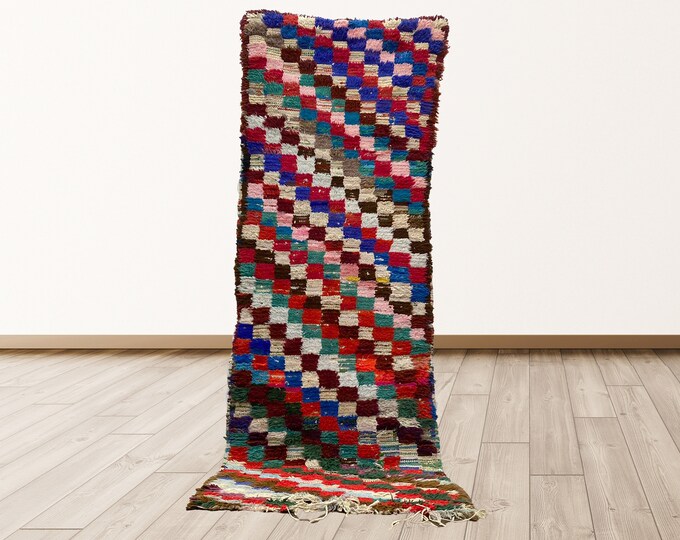 3x8 feet Vintage Colorful Azilal Moroccan Checkered Rug, Berber Moroccan vintage rugs