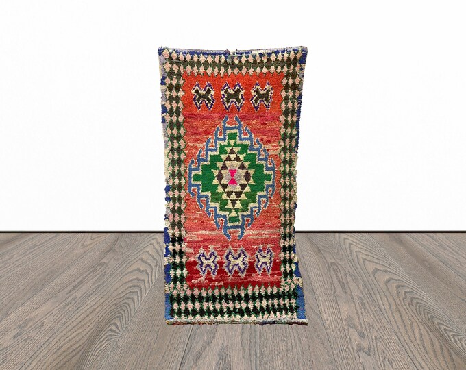 Area boucherouite rug, 3x6 feet vintage azilal rug, tribal colorful rug, unique woven rug.