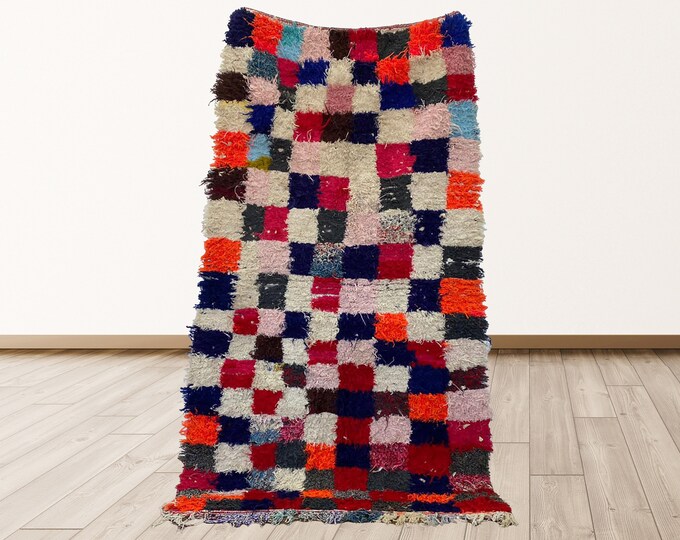 Checkered Vintage Colorful Azilal Moroccan 3x6 feet Rug, Berber Moroccan vintage rugs