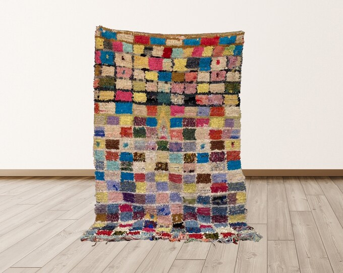 boucherouite checked rug, 5x7 ft Morrocan Berber Vintage Rug.