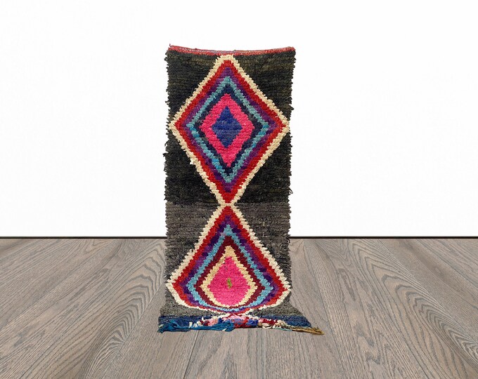 Boucherouite hallway runner rug, 3x9 vintage runner rug, moroccan boucherouite runner rug.