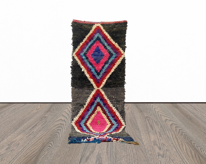 Boucherouite hallway runner rug, 3x9 vintage runner rug, moroccan boucherouite runner rug.