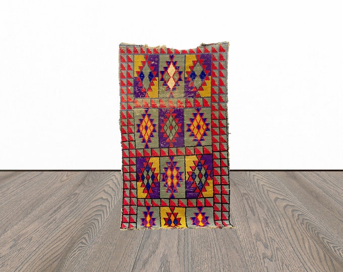 3x6 Feet tribal moroccan rug, colorful area rug, vintage berber rug, unique azilal rug, handwoven rug.