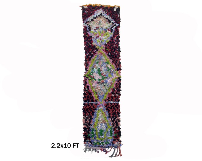 Vintage Narrow Boucherouite Moroccan Runner Rug 2x10.