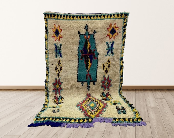 3x5 ft Wool Berber Vintage Morrocan Tribal Azilal Rug.