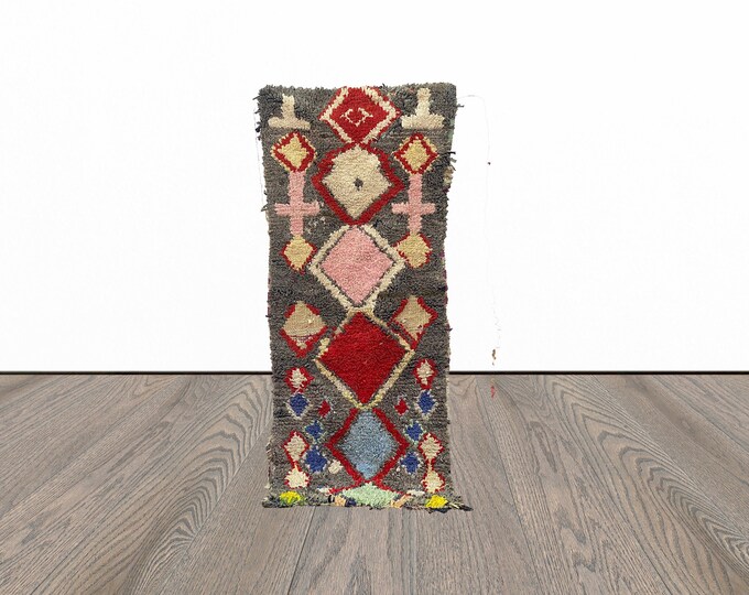 boucherouite moroccan runner rug, 2x6 feet entryway runner rug, vintage runner rug.