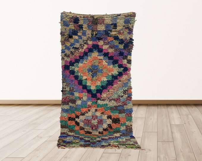 3x7 ft boucherouite area rug, vintage Berber boucherouite rug.
