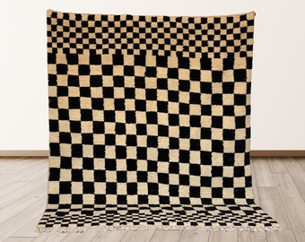 Handmade Black and White Checkered Wool Moroccan Rug
