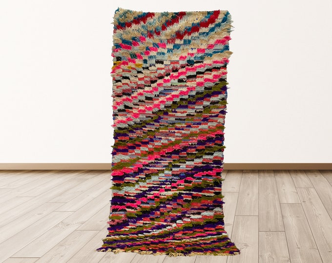 Checkered Vintage Colorful Azilal Moroccan 3x7 feet Rug, Berber Moroccan vintage rugs