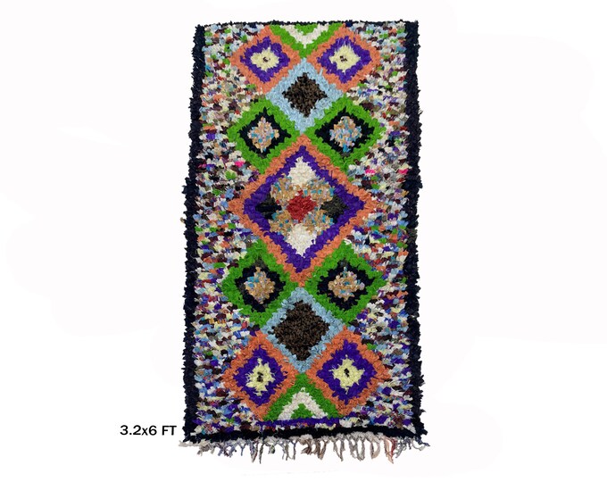 Moroccan Boucherouite Rug Runner 3x6, Woven Vintage Rug Runner.