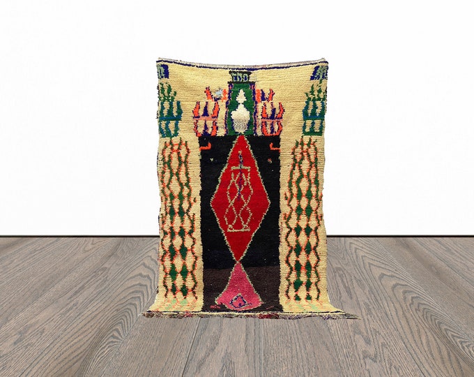 4x7 Feet moroccan area rug, vintage woven rug, tribal azilal rug, unique berber rug.