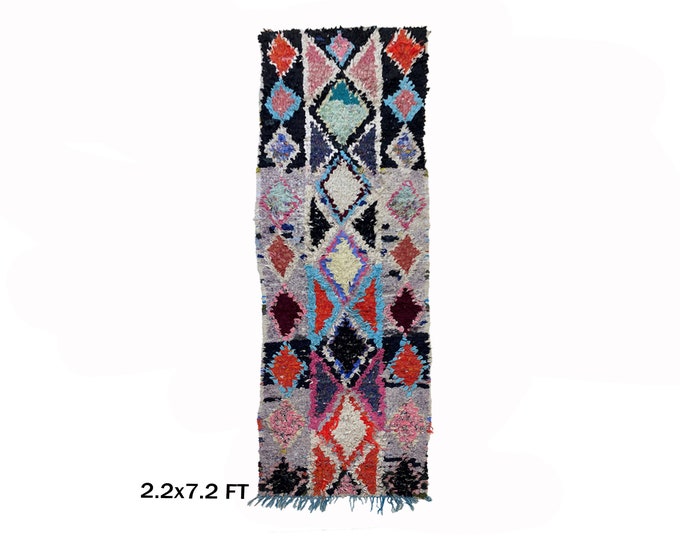 Moroccan Vintage Runner Rug 2x7- Colorful Woven Boucherouite Art.