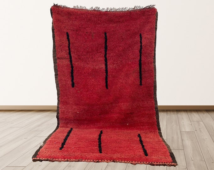 3x6 Red wool Vintage Morrocan woven rug area.