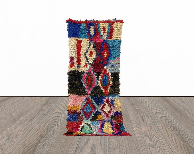 Boucherouite moroccan runner rug, 3x7 feet berber runner rug, vintage woven runner rug.