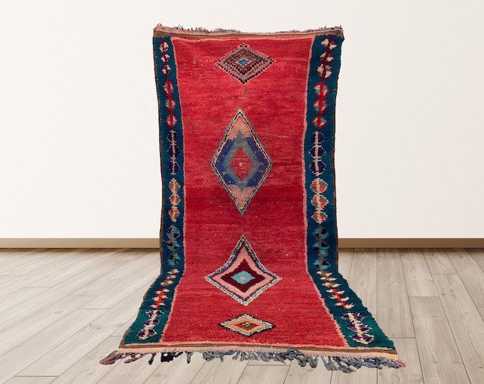 Red Wool Vintage Rug, 4x10 ft Moroccan Decor Rug.