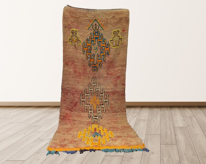 4x9 ft Berber Azilal area rug, vintage beni ourain rug.