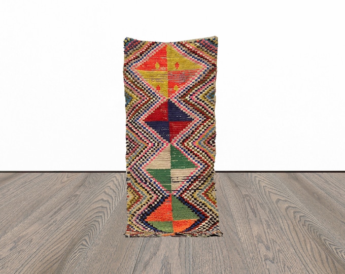 Vintage colorful area rug, 3x7 feet unique berber rug, azilal tribal rug, small woven rug.