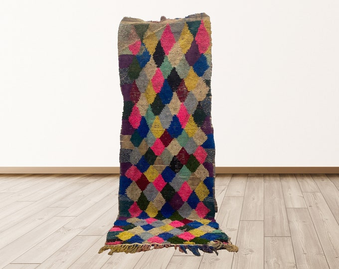 3x8 foot Colorful Moroccan Berber Vintage rug, Vintage Moroccan Azilal rugs.