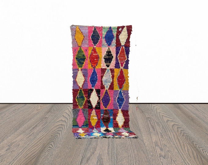 Boucherouite moroccan rug, 4x8 feet vintage area rug, colorful berber rug, azilal woven rug.