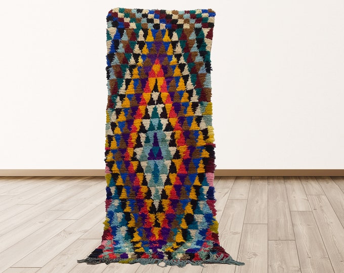 colorful Moroccan Berber vintage 3x7 feet shag rug runner.