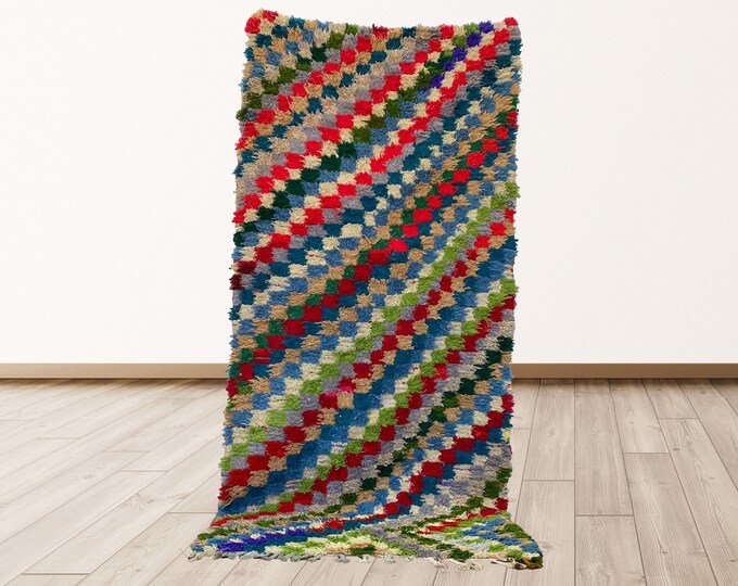 Checkered Vintage Azilal Moroccan 3x7 feet Rug, Berber Moroccan vintage rugs