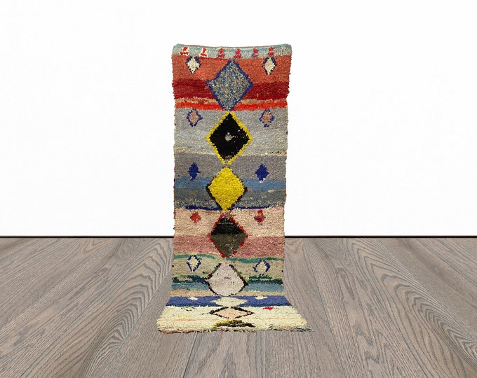 Vintage boucherouite runner rug, 3x10 feet tribal runner rug, moroccan runner rug, unique runner rug.