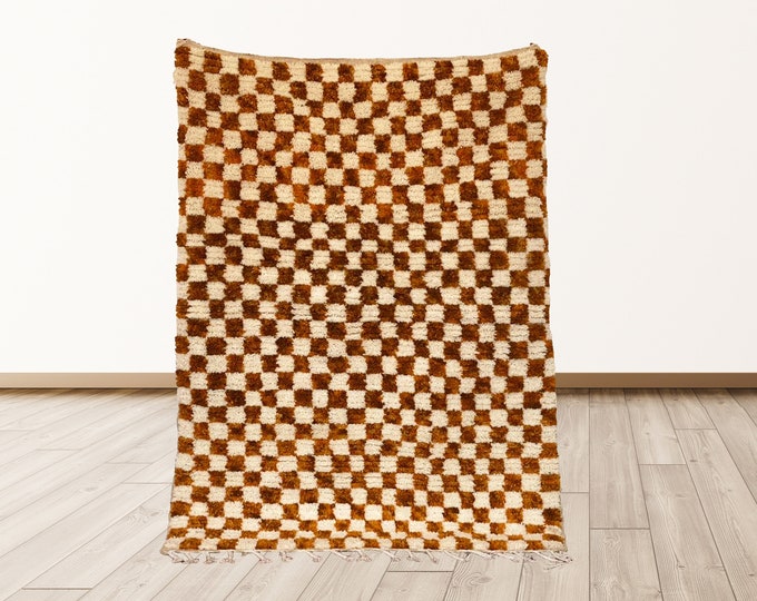 Moroccan rug: Gold Brown checkered area rug!