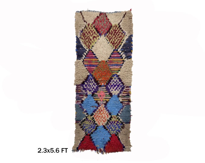 Vibrant Vintage Moroccan Rug 2x6, colorful berber rug.