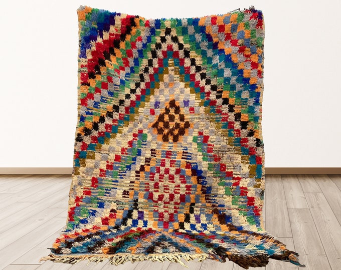 Tribal Checkered Vintage Azilal Moroccan 4x5 feet Rug.
