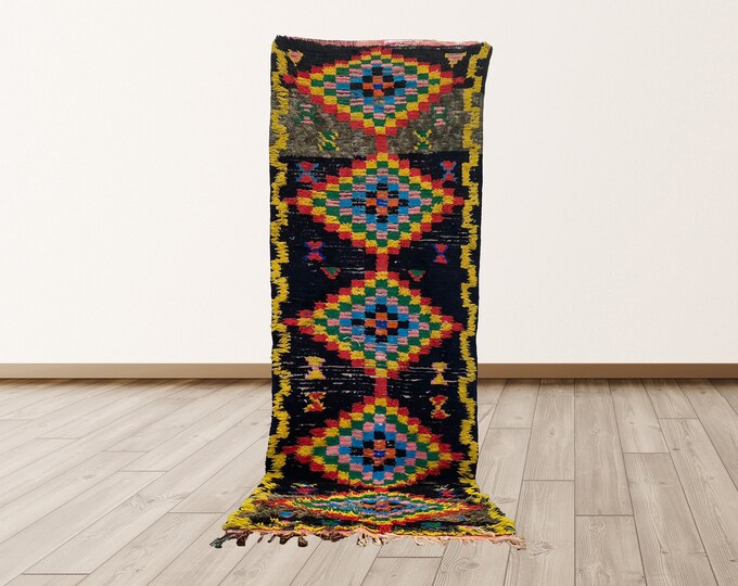 Colorful Vintage Morrocan 3x8 feet Tribal Azilal Berber Rug.
