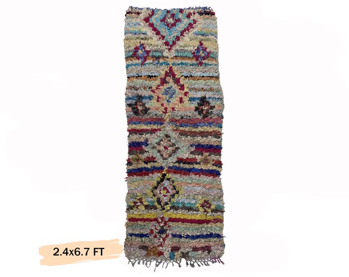 Moroccan Boucherouite Rug Runner 2x7 : Vintage Bohemian Decor.