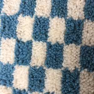 Narrow Moroccan checkered runner rug Light Blue and white