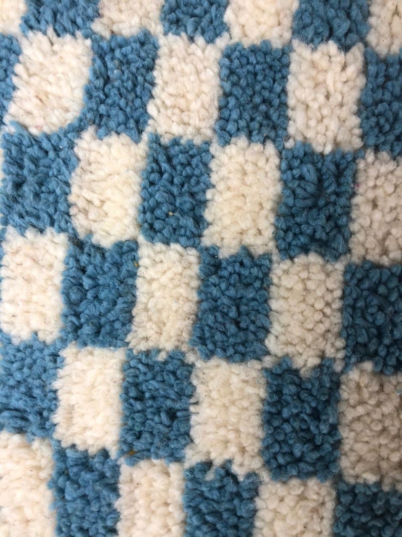 Narrow Moroccan checkered runner rug Light Blue and white