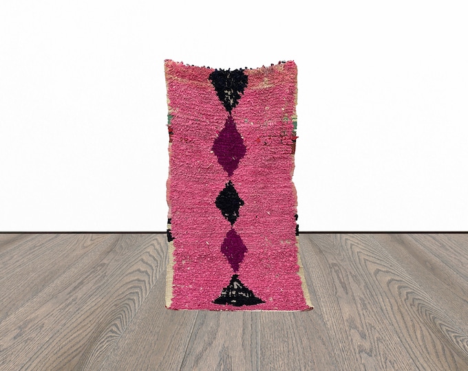Pink boucherouite rug, vintage area rug, tribal woven rug, unique azilal rug, moroccan berber rug.