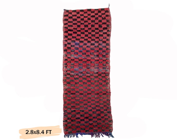 3x8 Checkered Moroccan Vintage Runner Rug, Red And Black Rug.