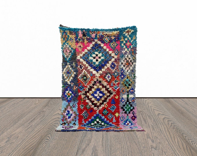 Boucherouite colorful area rug, 4x7 feet vintage woven rug, moroccan berber rug, tribal azilal rug.
