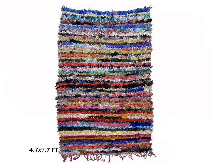 Striped Boucherouite Vintage Moroccan Area Rug 5x8.